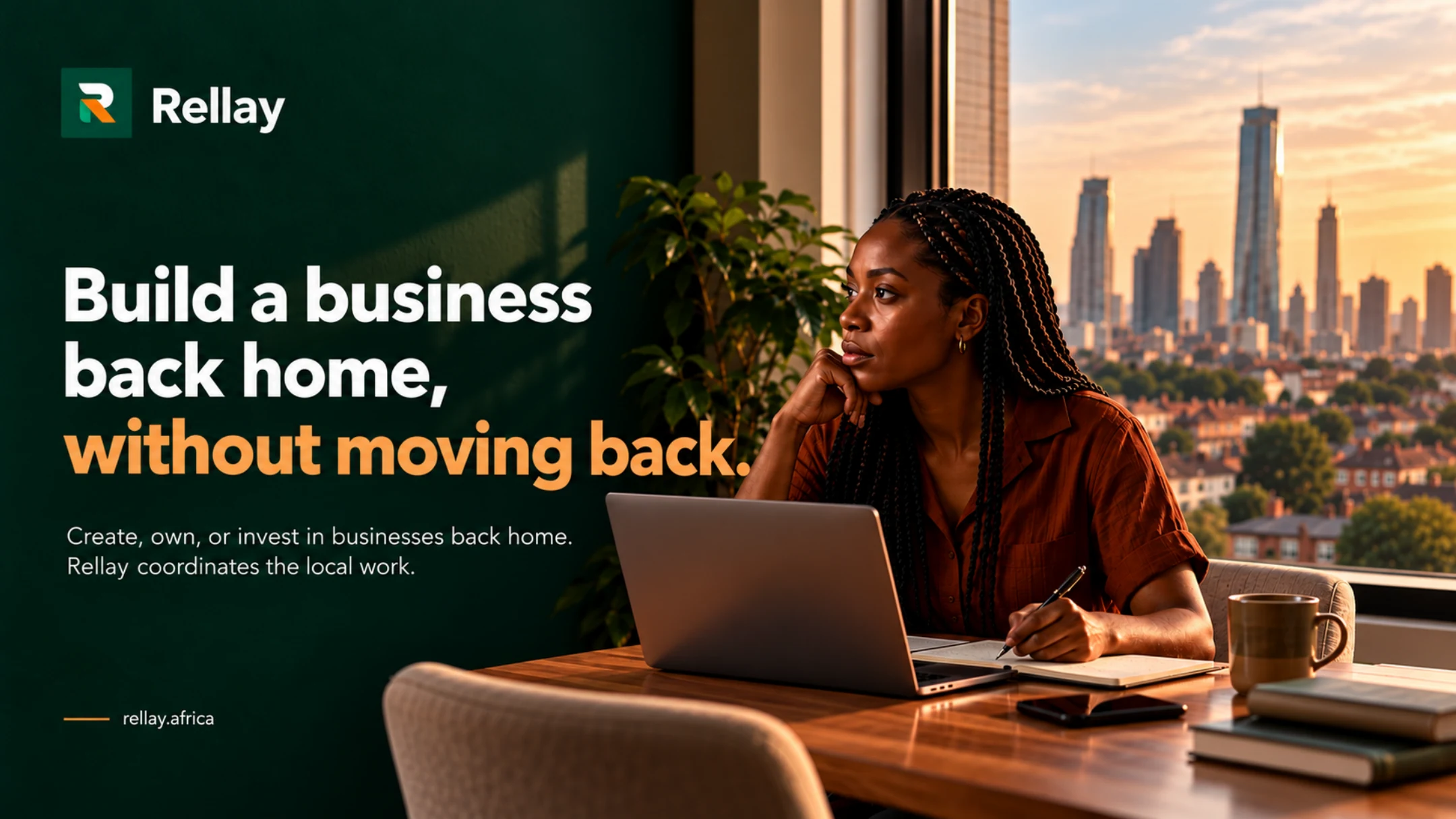 Slide 1: Build a business back home, without moving back. Full text below.